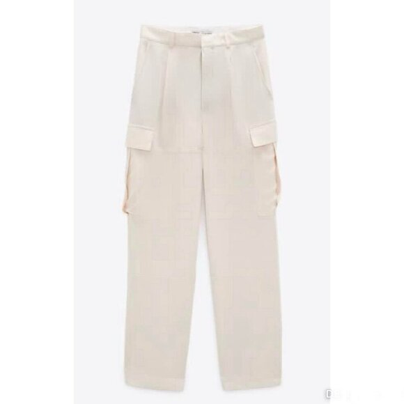 Zara High Rise Wide Leg Cargo Trouser Pants Cream Beige Streetwear Office Small - Picture 1 of 9